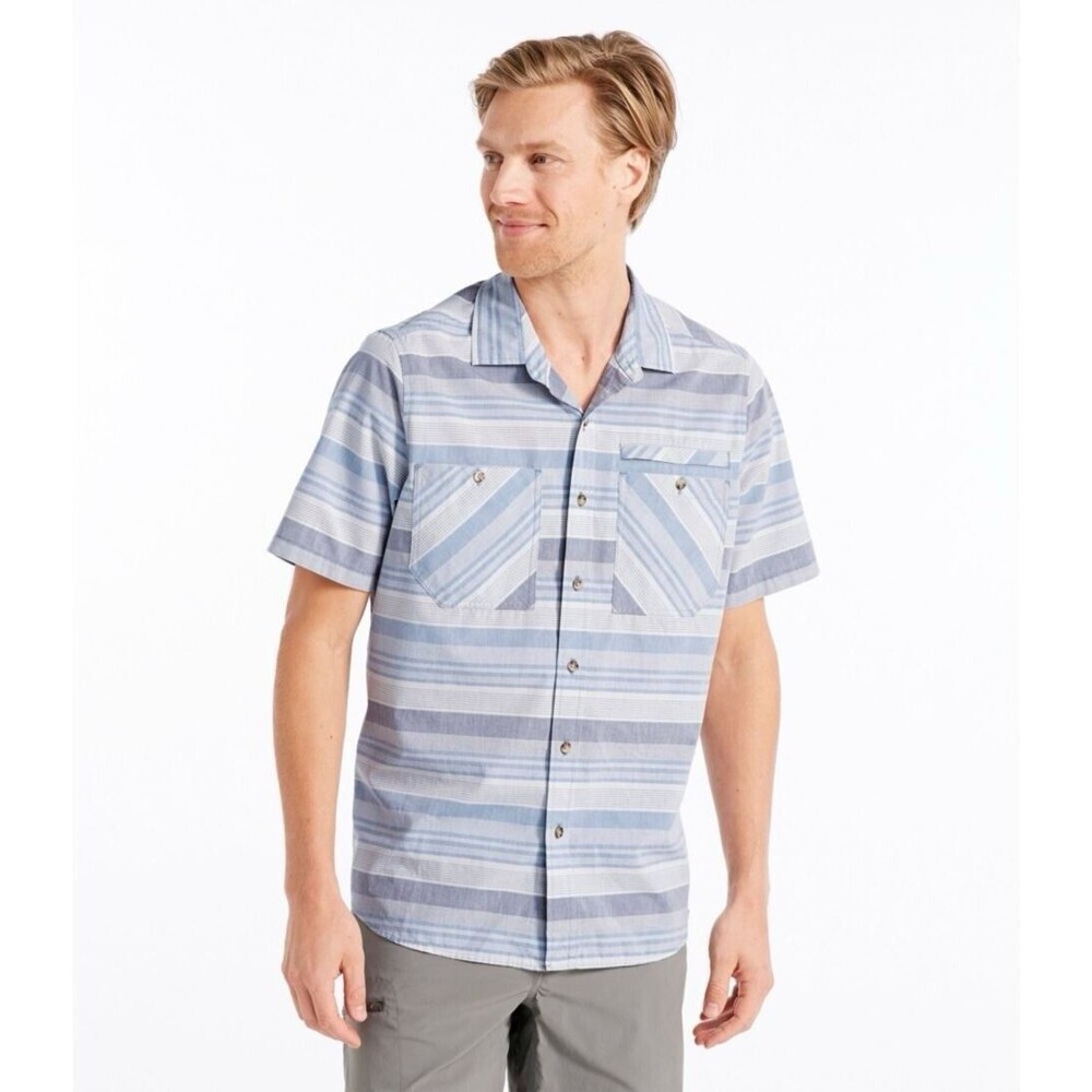 LL Bean Mens Size Large Otter Cliff Button Front Gray Plaid Short Sleeve Shirt